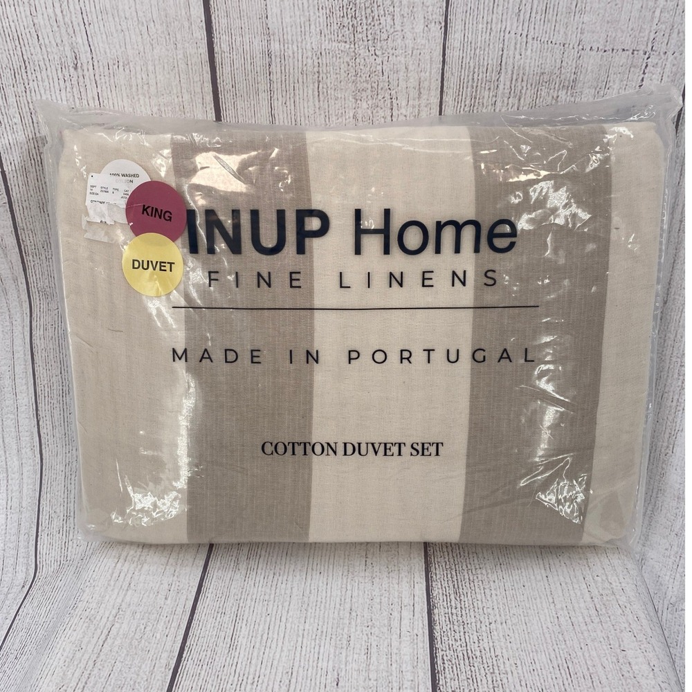 INUP Home Duvet Set King Beige Cream Washed Cotton Striped Made in Portugal